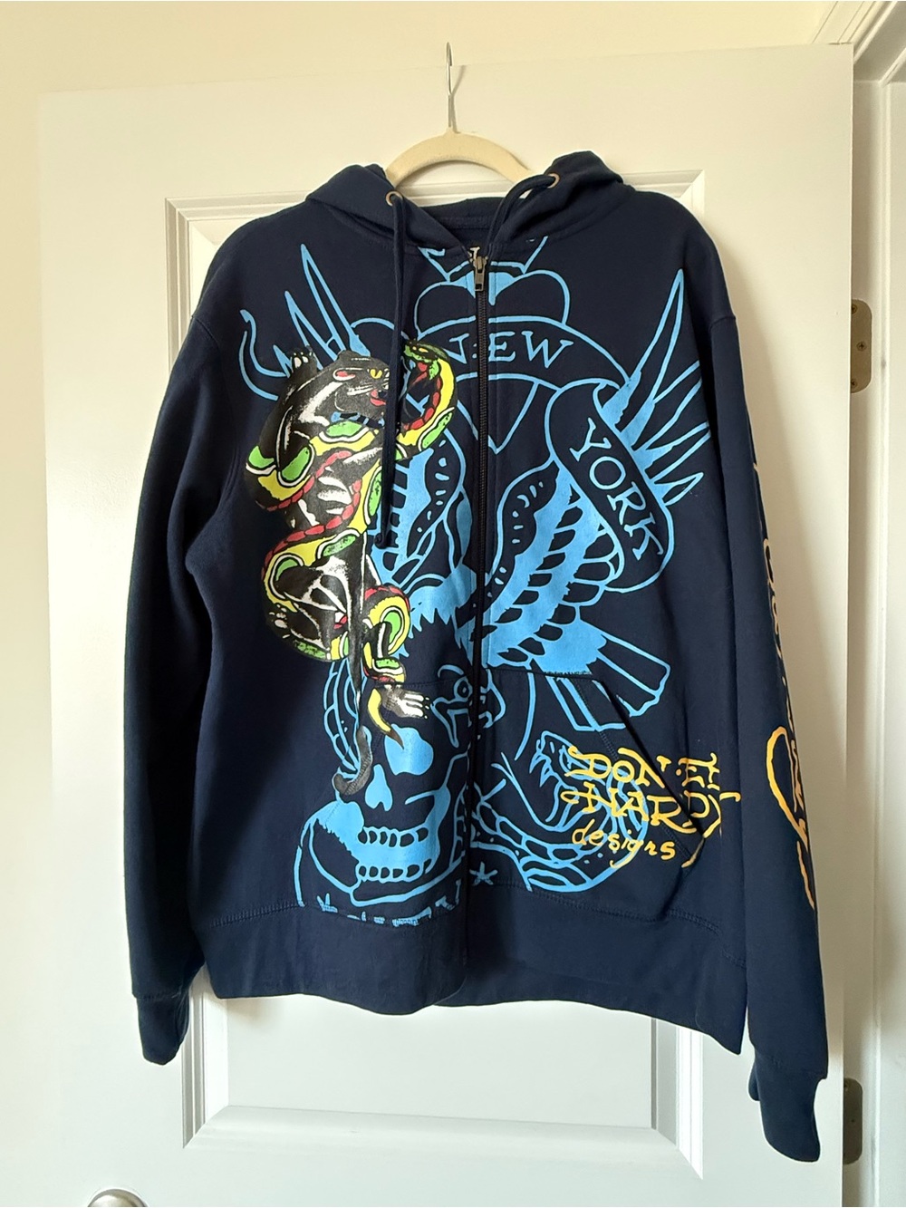 Ed Hardy Navy Zip-Up Jacket with Multicolor Snake & Light-Blue Eagle Art